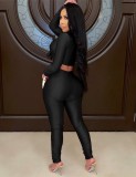 Black Knotted Crop Top and Pants Two Pieces Set