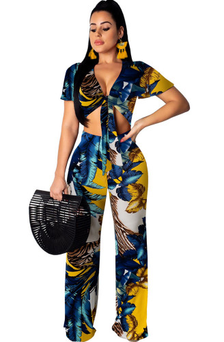 Print Knotted Short Sleeve Crop Top and Pants Two Pieces Set