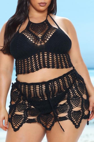 Plus Size Black Knit Halter Backless Fishnet Crop Top and Skirt Two Pieces Set
