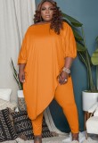 Orange Asymmetric Long Top and Tight Pants Plus Size 2PCS Set