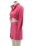 Hot Pink Button Crop Top and Slit Mini Skirt 2PCS Set