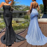 Blue Sparkly Backless Cami Mermaid Evening Dress