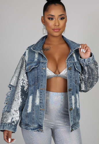Blue Shiny Sequin Patch Long Sleeve Distressed Denim Jacket