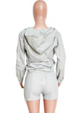 Grey Long Sleeves Zipper Hoody Top and Drawstring Shorts Tracksuit