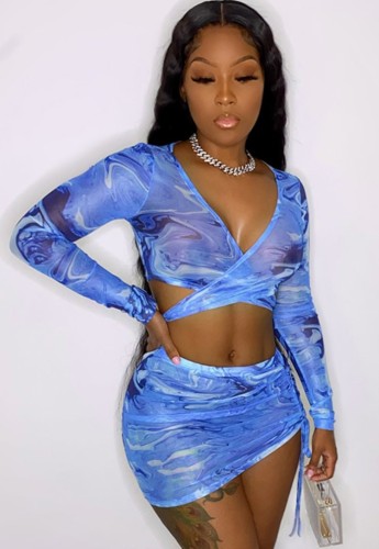 Print Blue Long Sleeve See Through Crop Top and Mini Ruched Skirt Two Pieces Set