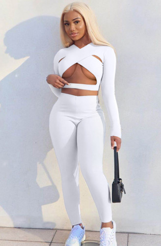 White Sexy Cut Out Tight Crop Top and Pants Two Pieces Set