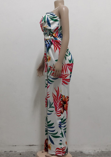 Print White Hollow Out Sexy Strap Bodycon Jumpsuit