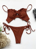 Brown Frill Strings Strap Swimwear Two Pieces Set