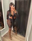 Sexy Black Translucent Knotted Long Sleeve Crop Top and Shorts Two Pieces Set