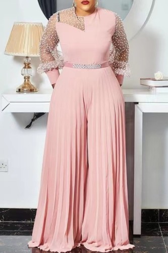 Pink Patch Beaded Long Sleeve Pleated Jumpsuit
