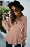 Solid Color Puff Sleeve V-Neck Knotted Wrap Peplum Top