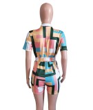 Multicolor Geommetric Short Sleeves Rompers with Matching Belt