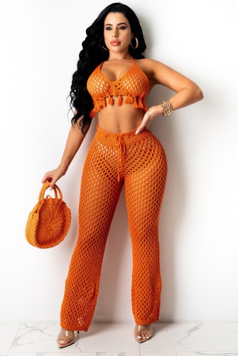 Orange Fishnet Fringe Halter Bra and Pants Two Pieces Cover-Up