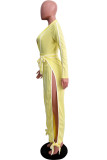 Deep-V Yellow Long Sleeve Slit Knotted Jumpsuit with Belt