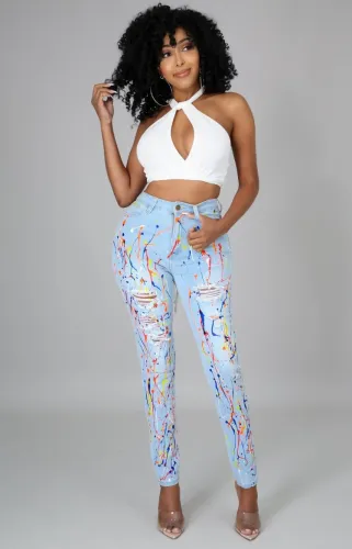 Casual Light Blue Paints High Waist Distressed Jeans