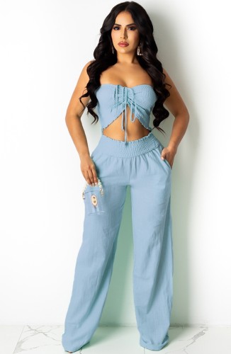 Blue Frill Crop Top and Wide Leg Pants Set
