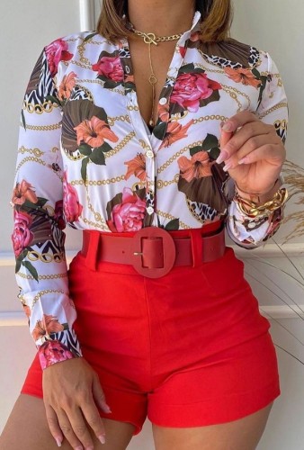 Floral Long Sleeve Blouse and Solid Shorts Two Pieces Set without Belt