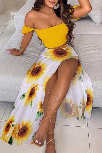 Floral Yellow Scrunch Crop Top and Slit Long Skirt Two Pieces Set