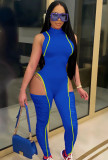 Blue Sleeveless Cut Out Patch Ruched Fitted Jumpsuit