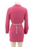 Hot Pink Button Crop Top and Slit Mini Skirt 2PCS Set