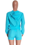 Blue Long Sleeves Zipper Hoody Top and Drawstring Shorts Tracksuit