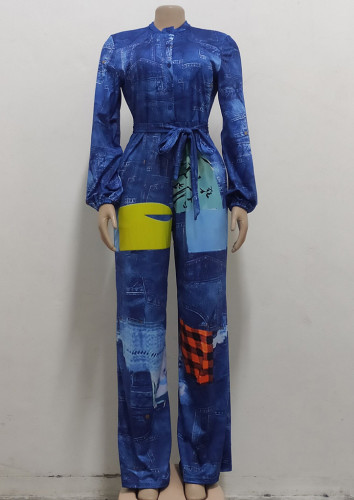 Print Denim Long Sleeve Jumpsuit with Matching Belt
