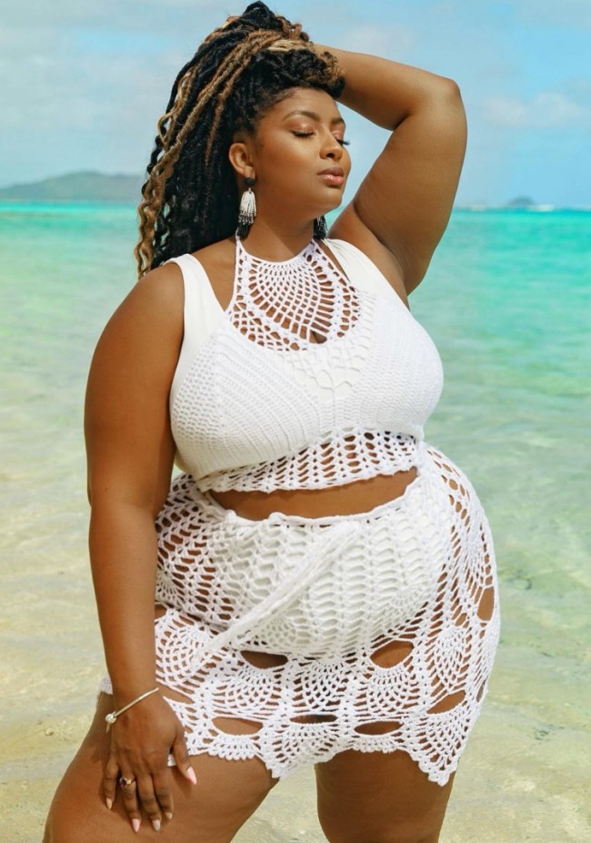 Plus Size White Knit Halter Backless Fishnet Crop Top and Skirt Two Pieces Set