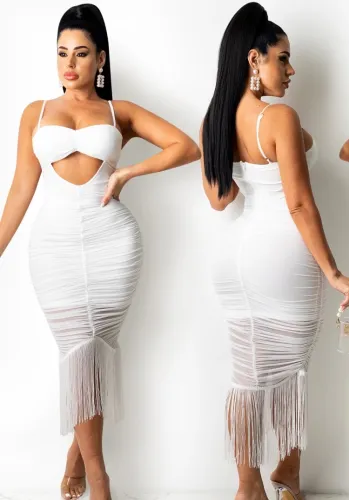 White Sexy Tassels Long Cami Midi Dress