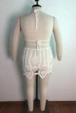 Plus Size White Knit Halter Backless Fishnet Crop Top and Skirt Two Pieces Set