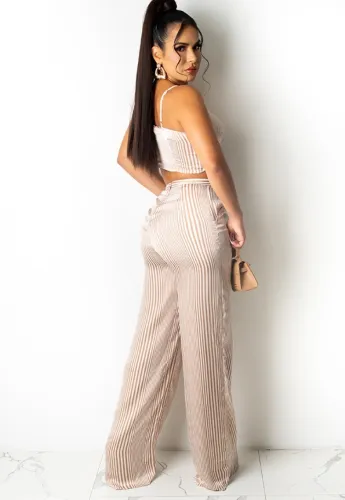 Beige Striped Tie Front Crop Top and High Waist Wide Pants 2PCS
