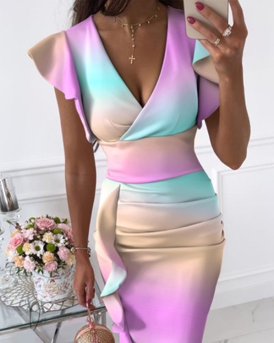 Wrap Flounce V-Neck Rainbow Dress