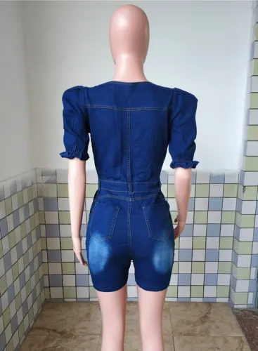 Blue Button Up Square Neck Short Sleeve Ripped Denim Rompers