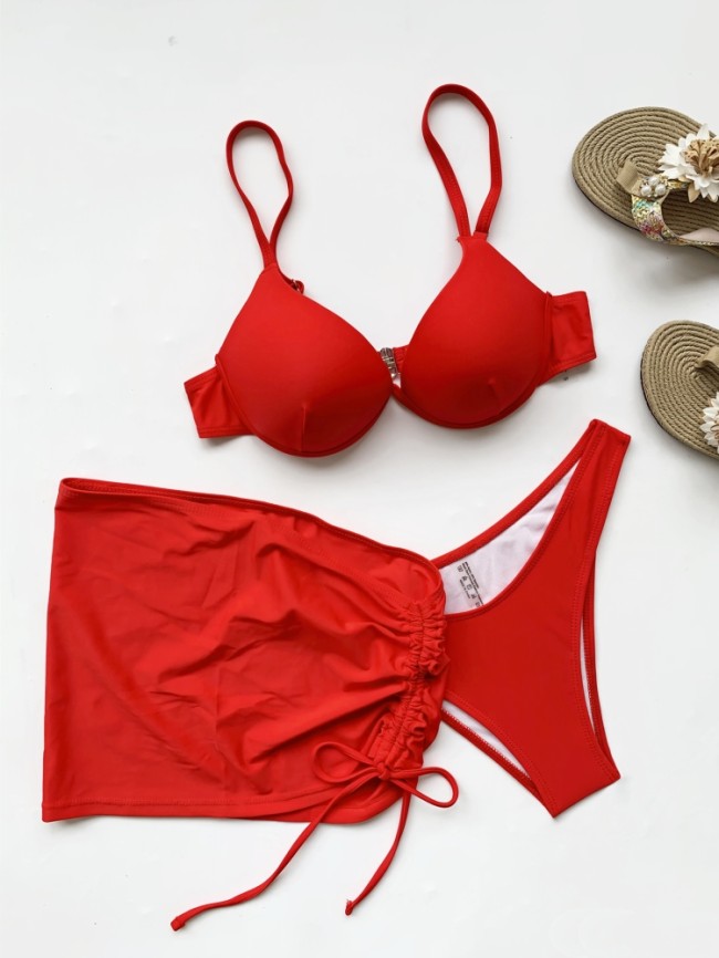 3Ppack Red Bikini Set with Cover Up Skirt