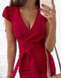 Red Wrap Slit Puff Sleeve Dress with Belt