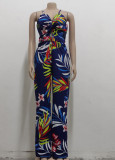 Print Blue Hollow Out Sexy Strap Bodycon Jumpsuit