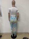 Print White Crop Top and Blue Pants Two Pieces Set