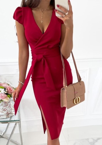 Red Wrap Slit Puff Sleeve Dress with Belt