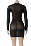 Sexy Black Beaded Long Sleeve Deep-V Mini Dress