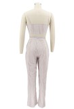 Beige Striped Tie Front Crop Top and High Waist Wide Pants 2PCS