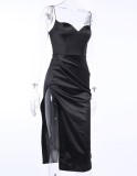 Black Slit Strap Ruched Long Evening Dress