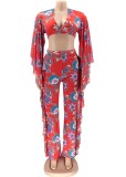 Floral Red Ruffle Crop Top and Pants Set