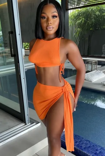Sexy Orange Drawstrings Crop Top and Asymmetric Skirt 2PCS Set
