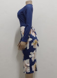 Elegant Floral Long Sleeve O-Neck Zipper Midi Dress