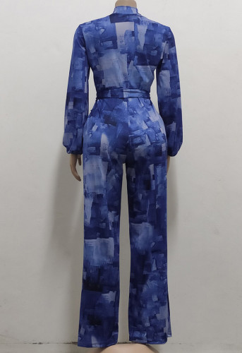Print Denim Long Sleeve Jumpsuit with Matching Belt