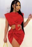 Red Knotted Crop Top and Irregular Mini Skirt Two Pieces Set