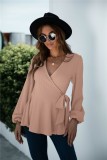 Solid Color Puff Sleeve V-Neck Knotted Wrap Peplum Top
