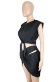 Black Knotted Crop Top and Irregular Mini Skirt Two Pieces Set