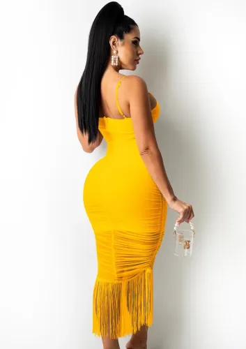 Yellow Sexy Tassels Long Cami Midi Dress