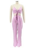Pink Striped Tie Front Crop Top and High Waist Wide Pants 2PCS