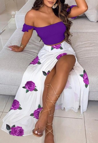 Floral Purple Scrunch Crop Top and Slit Long Skirt Two Pieces Set